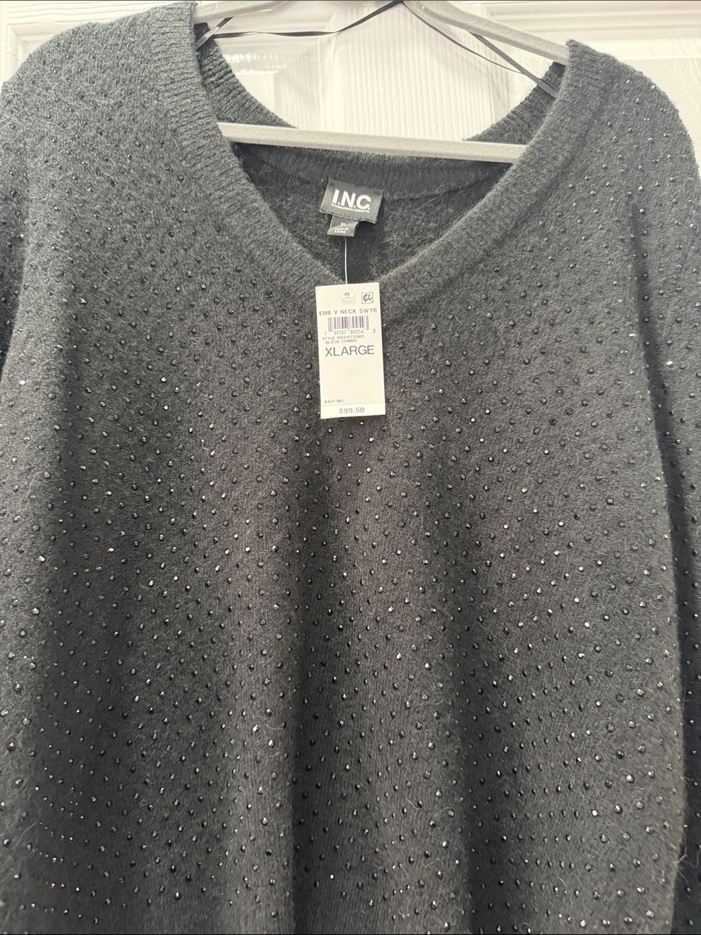 INC International Concepts Charcoal Gray Embellished V-Neck Sweater